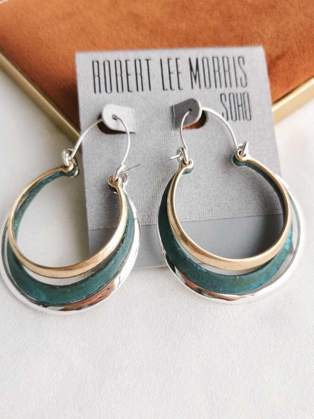 Robert Lee Morris Two Tone Green Enamel Crescent Earrings